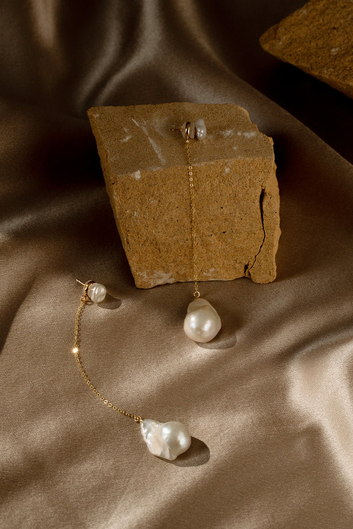 Long Baroque Pearl Drop Earrings - Gold Chain Earrings