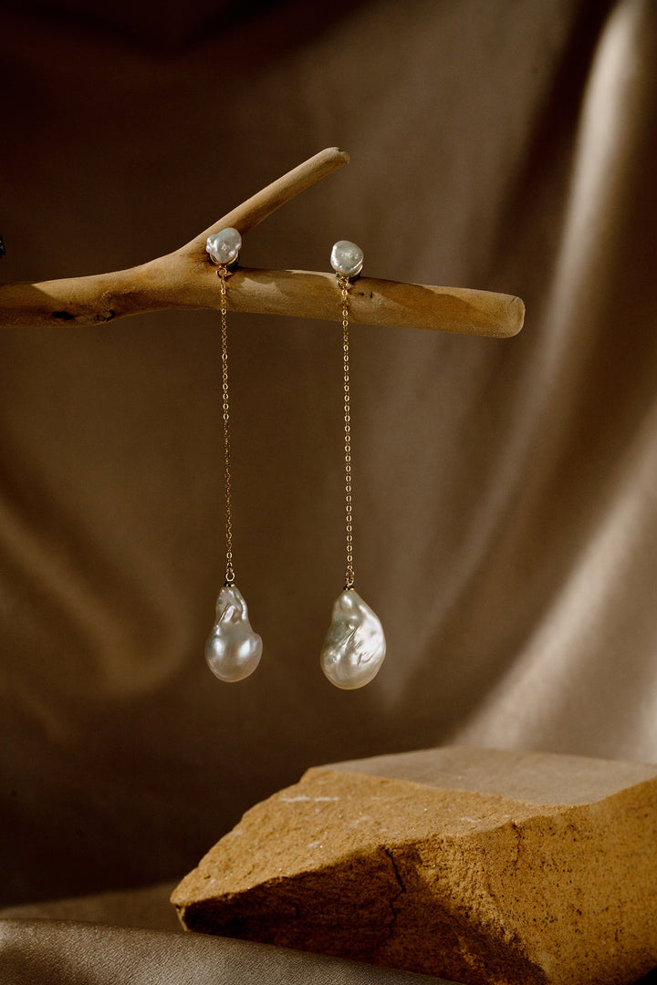 Long Baroque Pearl Drop Earrings - Gold Chain Earrings