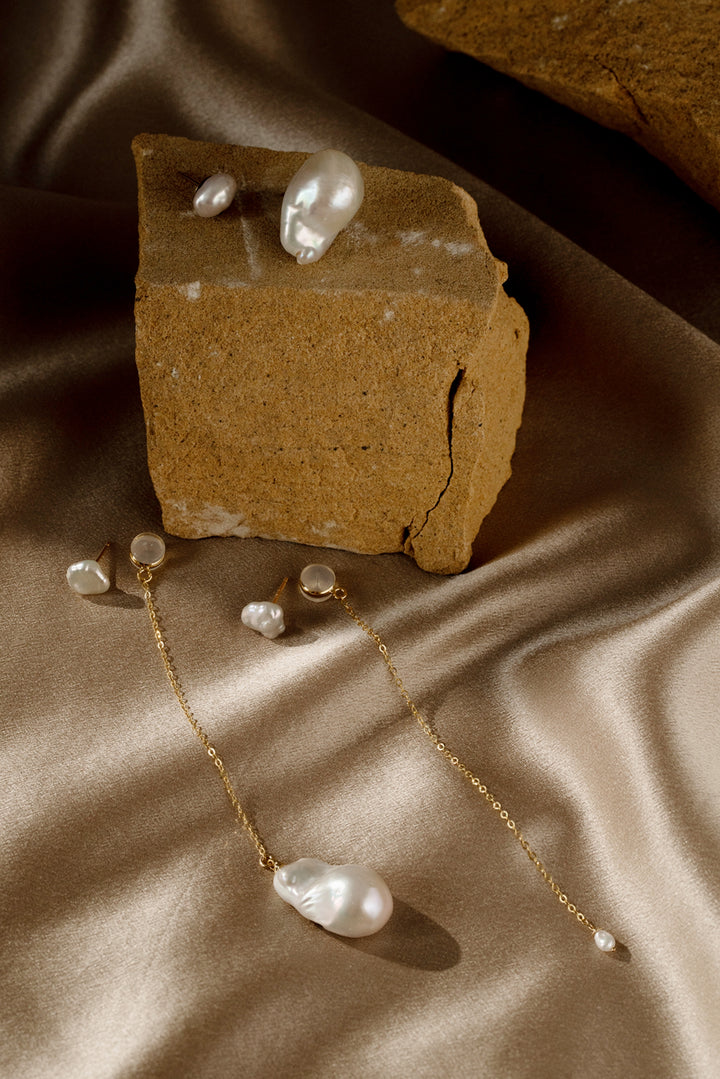 Long Baroque Pearl Drop Earrings - Gold Chain Earrings