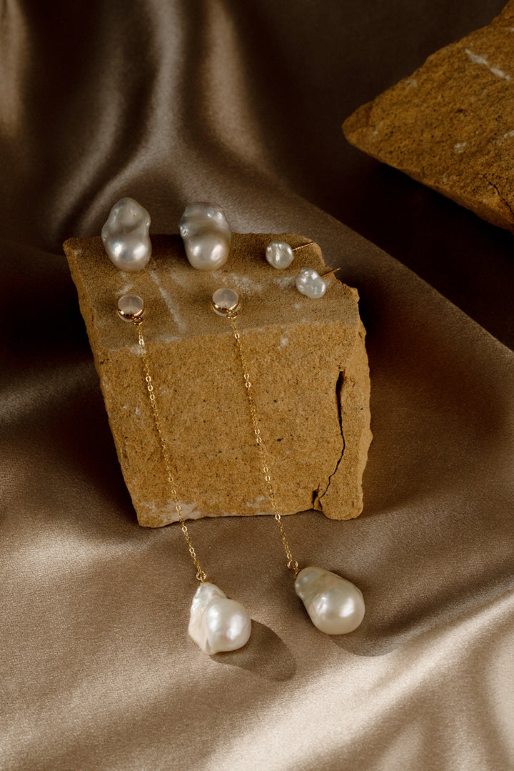 Long Baroque Pearl Drop Earrings - Gold Chain Earrings