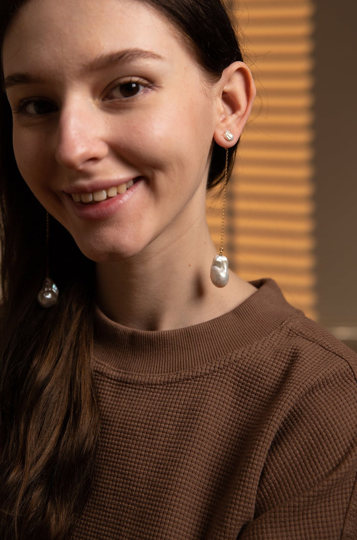Long Baroque Pearl Drop Earrings - Gold Chain Earrings