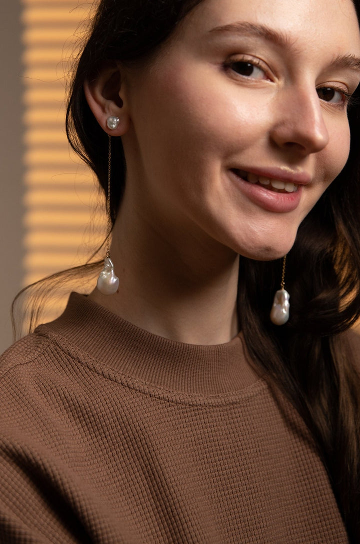 Long Baroque Pearl Drop Earrings - Gold Chain Earrings