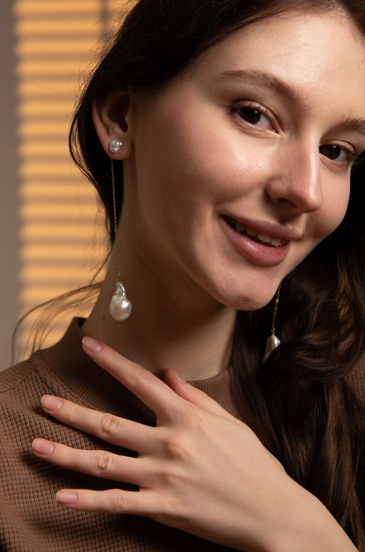 Long Baroque Pearl Drop Earrings - Gold Chain Earrings