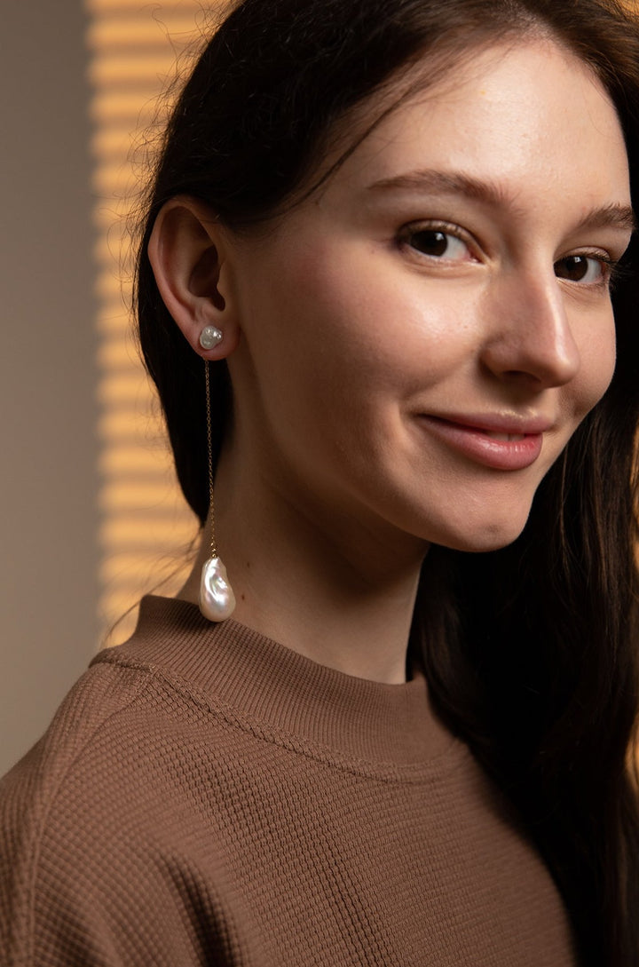 Long Baroque Pearl Drop Earrings - Gold Chain Earrings