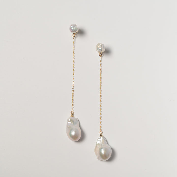 Long Baroque Pearl Drop Earrings - Gold Chain Earrings