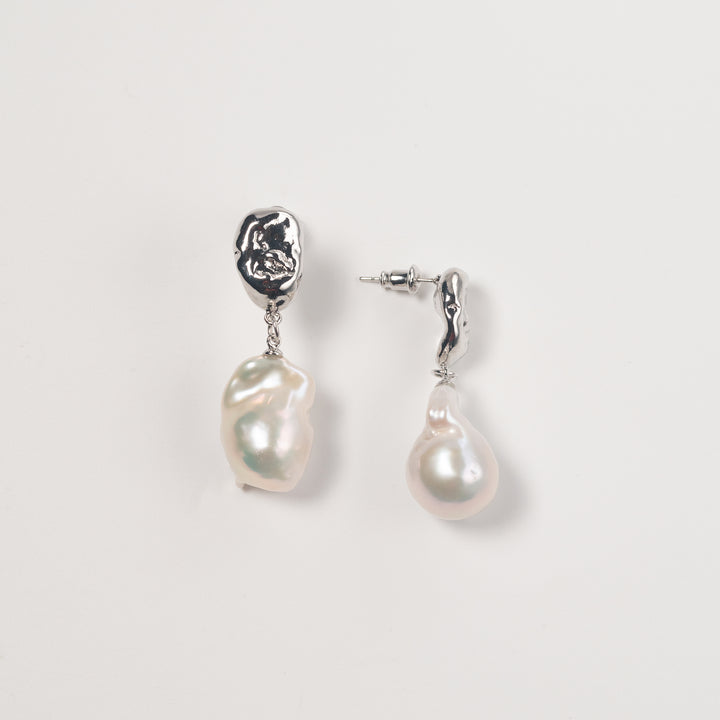 Large Baroque Pearl Drop Earrings with Gold Abstract Studs