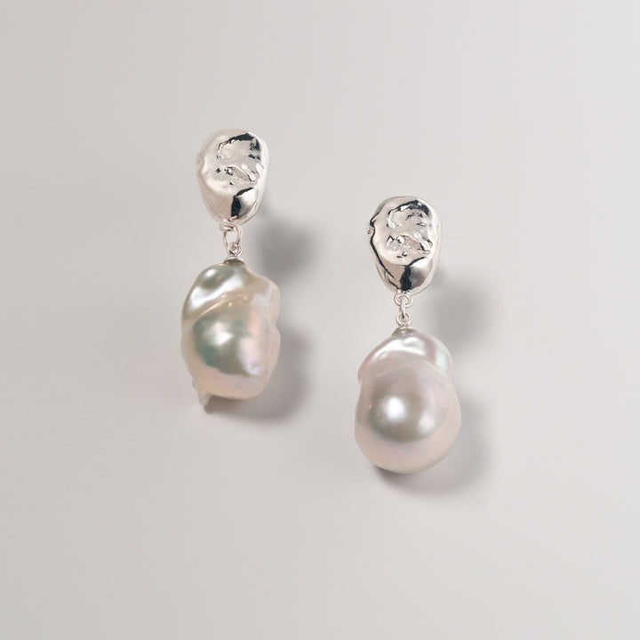 Large Baroque Pearl Drop Earrings with Gold Abstract Studs