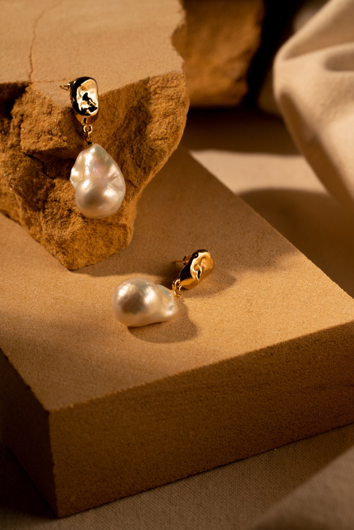Large Baroque Pearl Drop Earrings - Gold