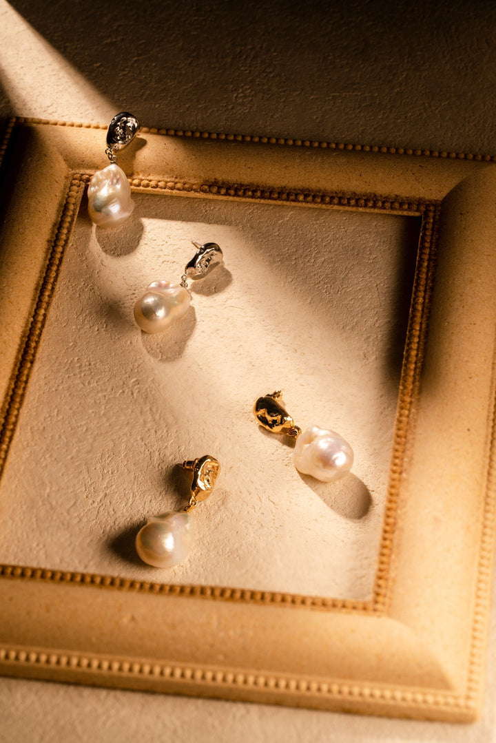 Large Baroque Pearl Drop Earrings - Gold