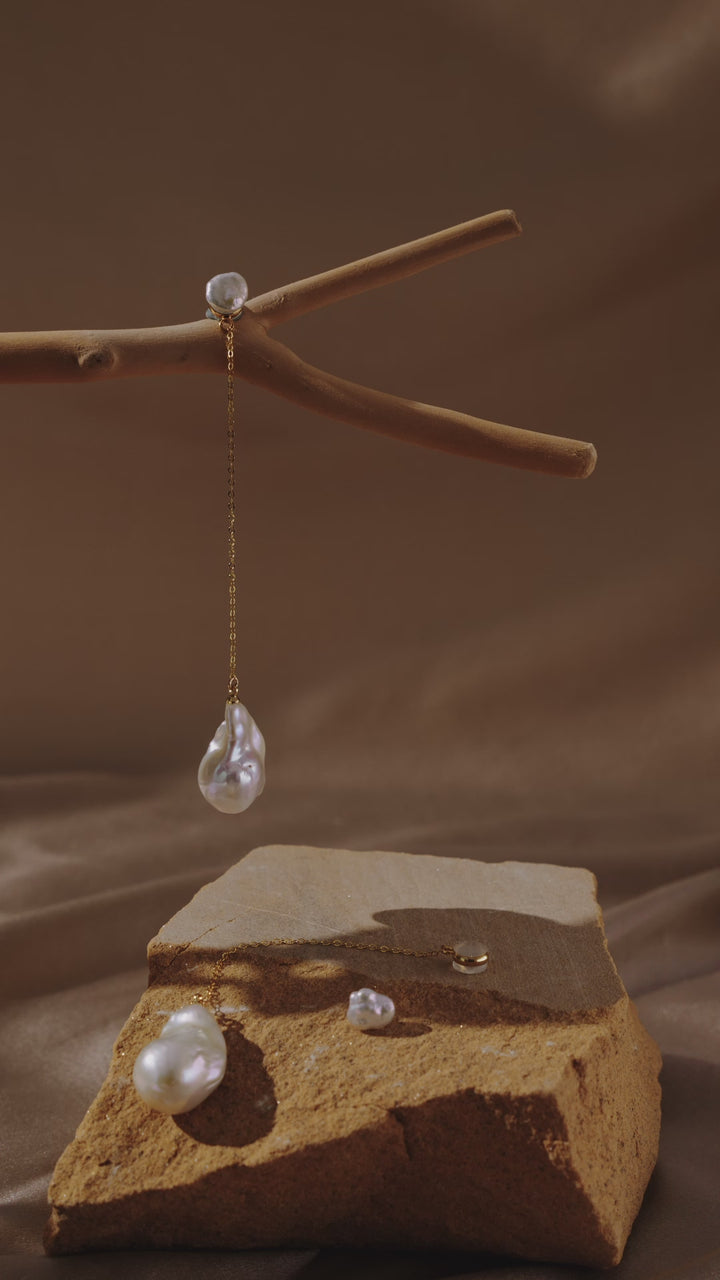 Long Baroque Pearl Drop Earrings - Gold Chain Earrings