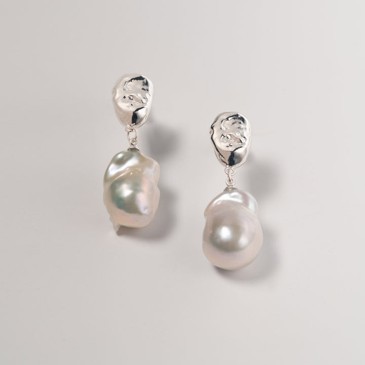 Large Baroque Pearl Drop Earrings - White Gold