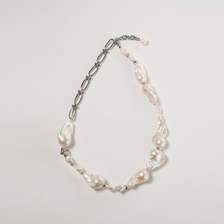 Baroque Pearl Metal Necklace - White Gold