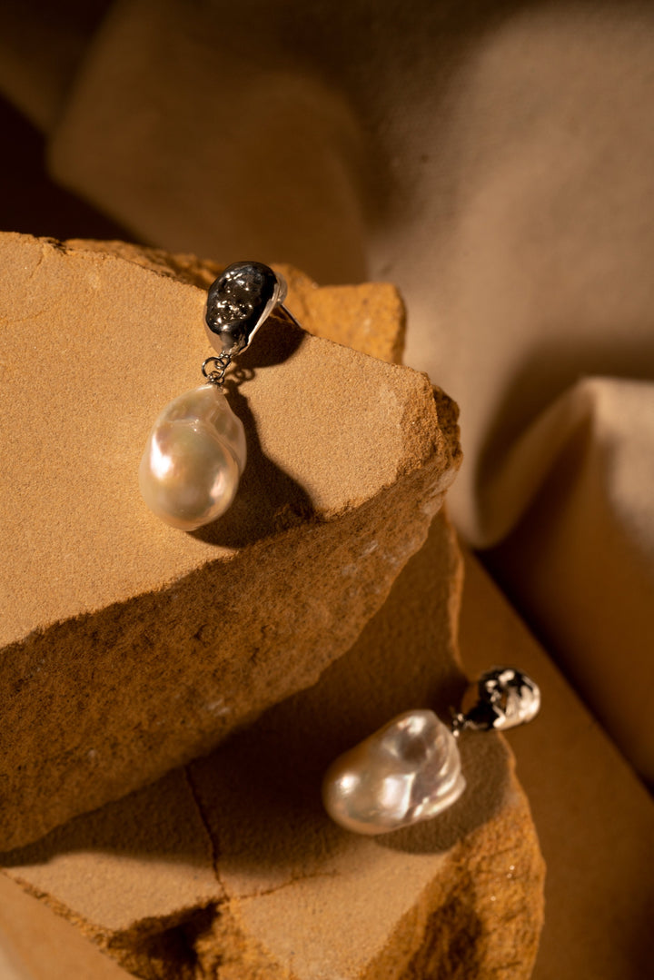 Large Baroque Pearl Drop Earrings - White Gold