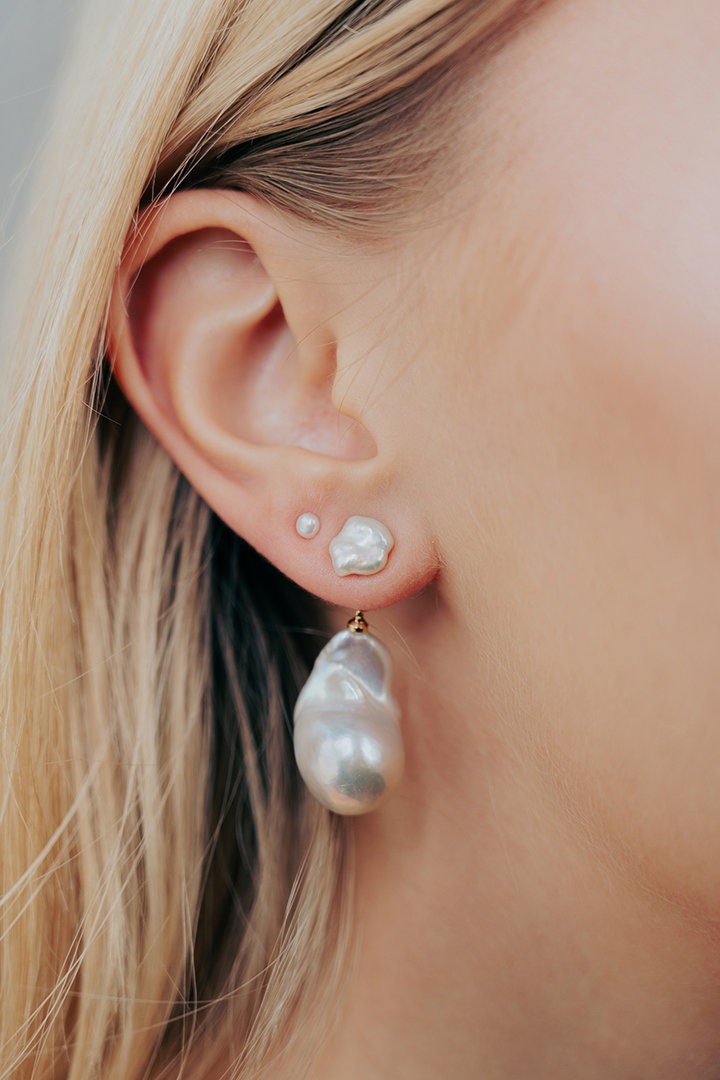 Baroque Pearl Ear Studs: Freshwater Keshi Pearl Earrings, Sterling Silver Tiny Ear Jewelry
