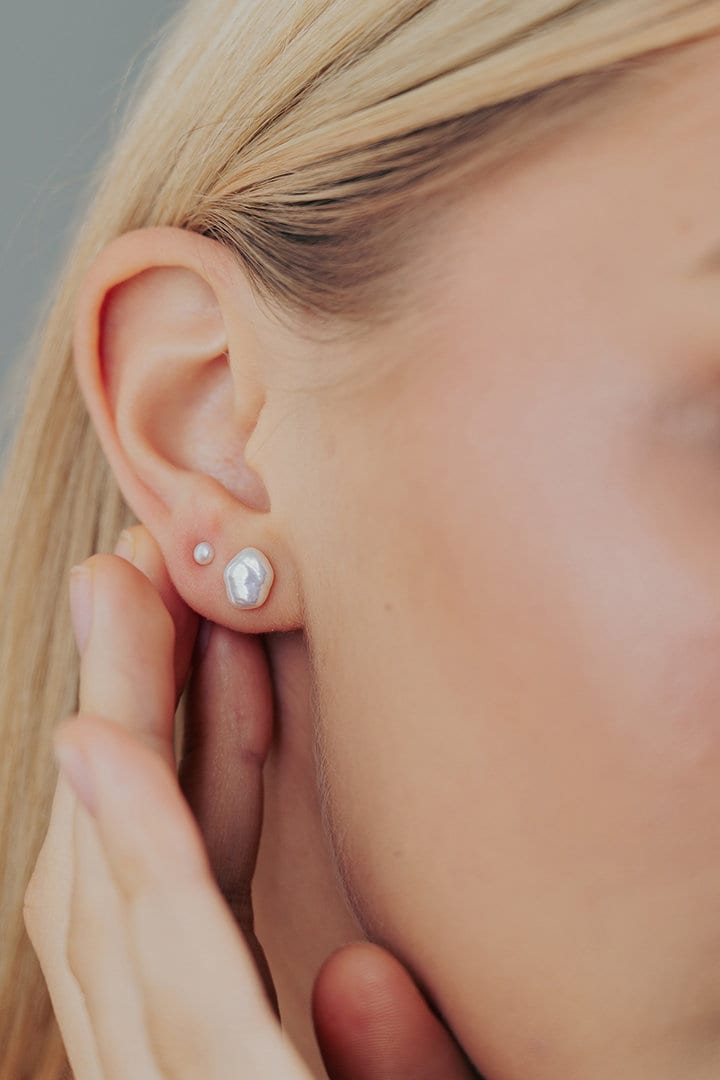 Baroque Pearl Ear Studs: Freshwater Keshi Pearl Earrings, Sterling Silver Tiny Ear Jewelry