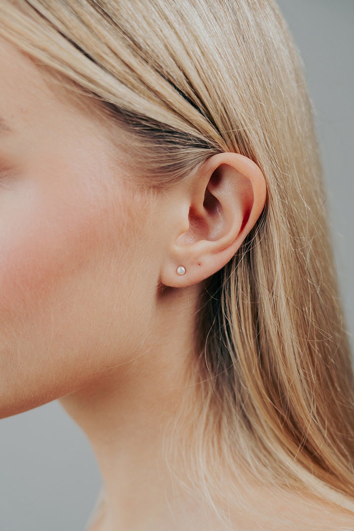 Baroque Pearl Ear Studs: Freshwater Keshi Pearl Earrings, Sterling Silver Tiny Ear Jewelry