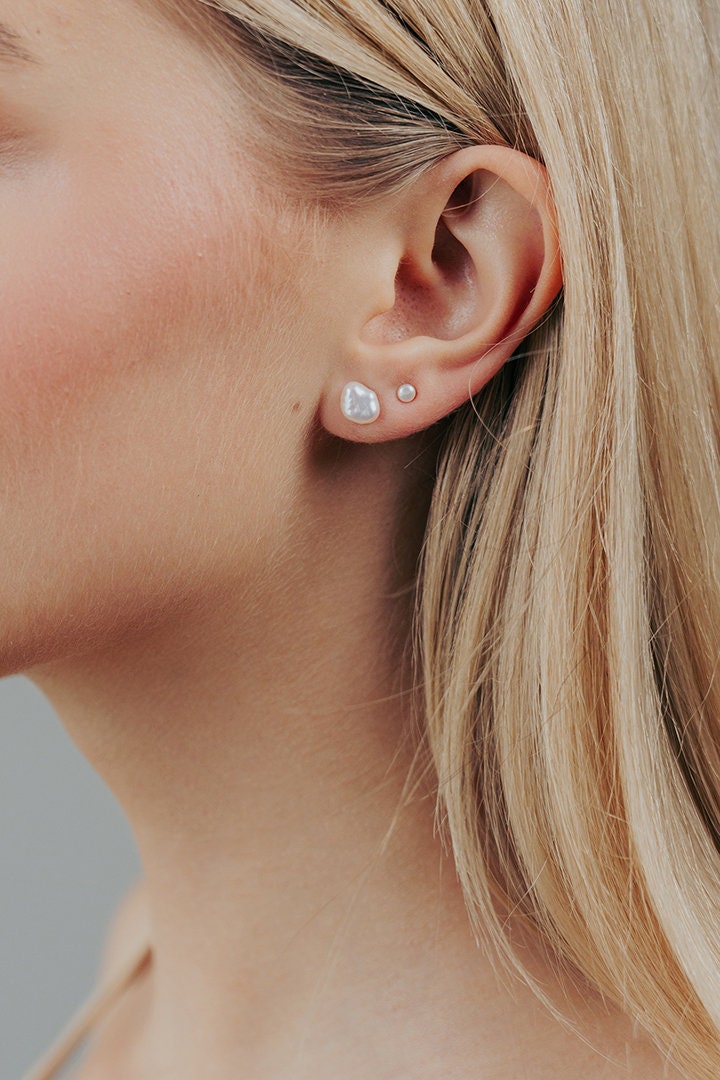 Baroque Pearl Ear Studs: Freshwater Keshi Pearl Earrings, Sterling Silver Tiny Ear Jewelry