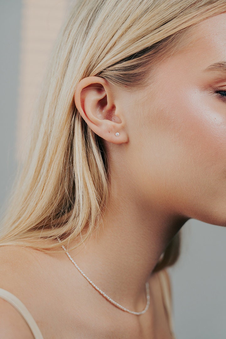 Baroque Pearl Ear Studs: Freshwater Keshi Pearl Earrings, Sterling Silver Tiny Ear Jewelry