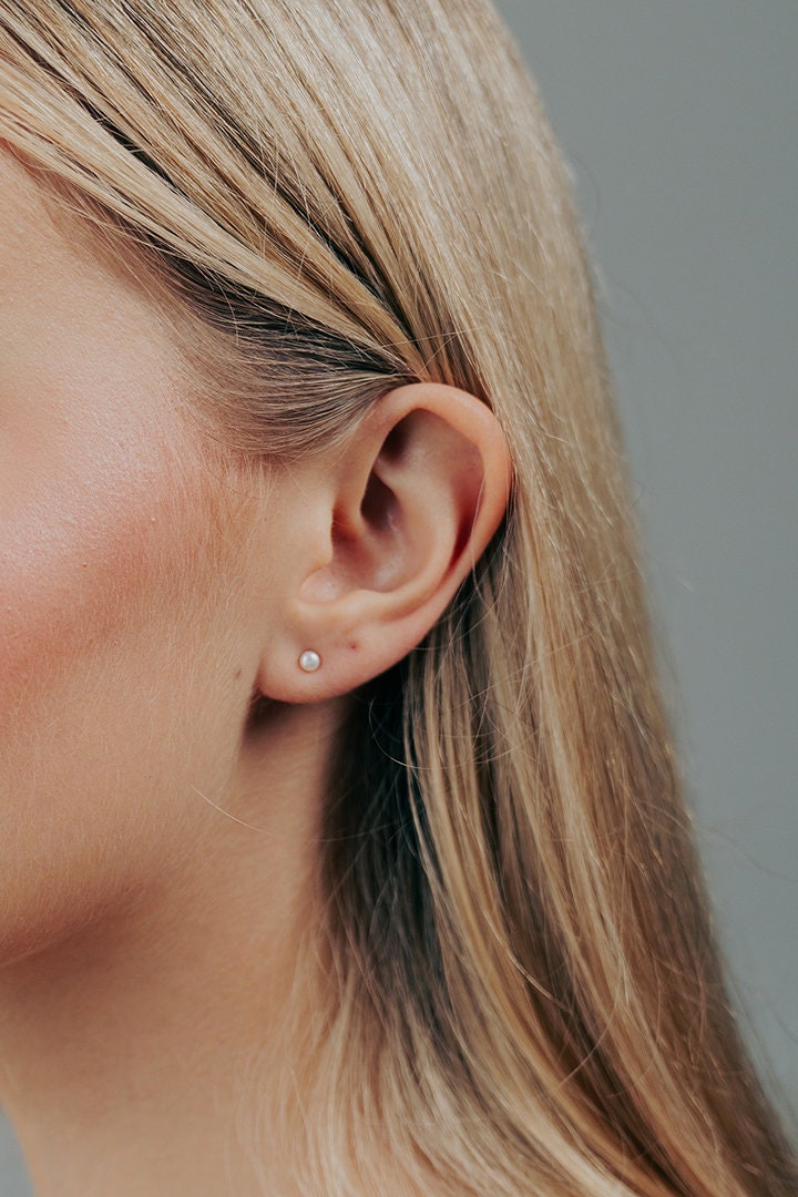 Baroque Pearl Ear Studs: Freshwater Keshi Pearl Earrings, Sterling Silver Tiny Ear Jewelry