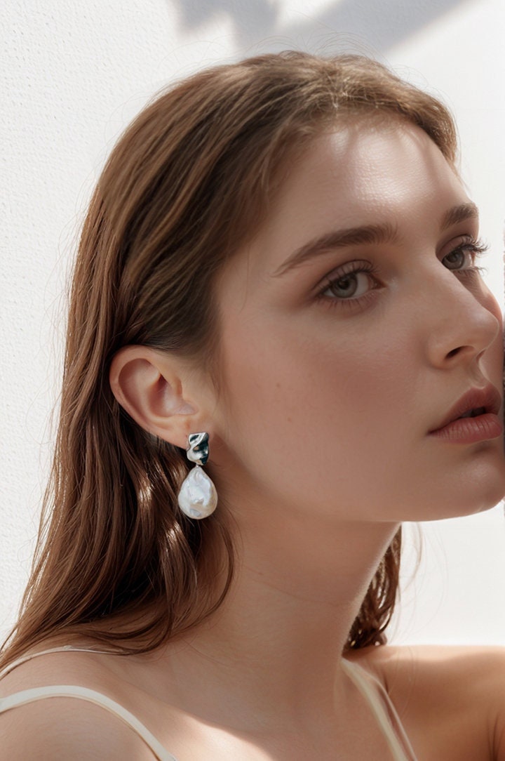 Keshi Pearl Drop Earrings: 14K White Gold Filled Baroque Pearls