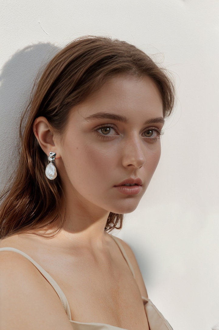 Keshi Pearl Drop Earrings: 14K White Gold Filled Baroque Pearls