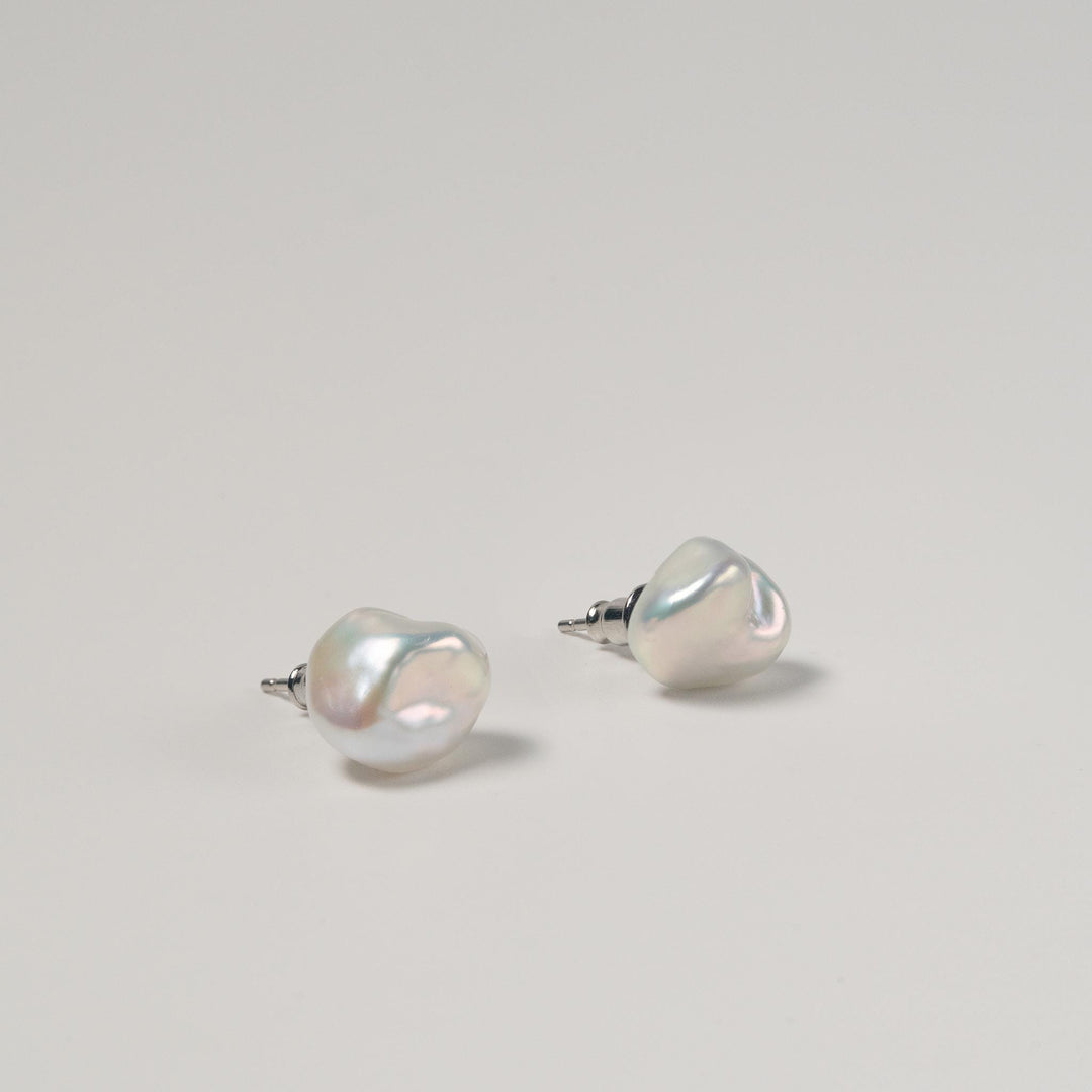 Large Keshi Pearl Earrings: Dainty Sterling Silver Studs
