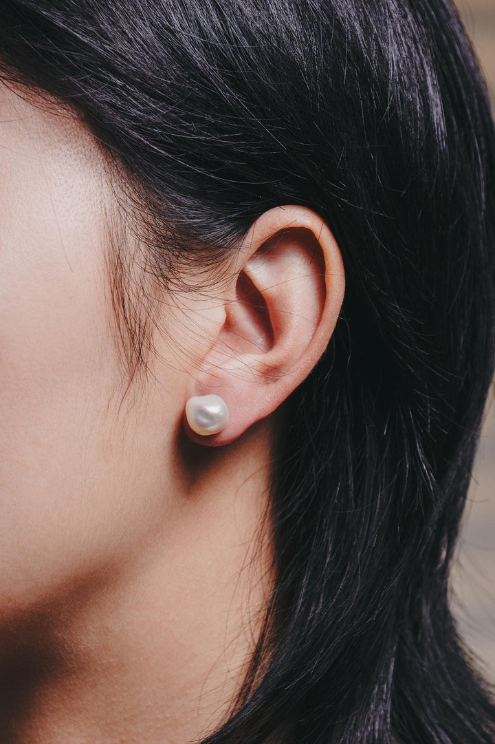Large Keshi Pearl Earrings: Dainty Sterling Silver Studs