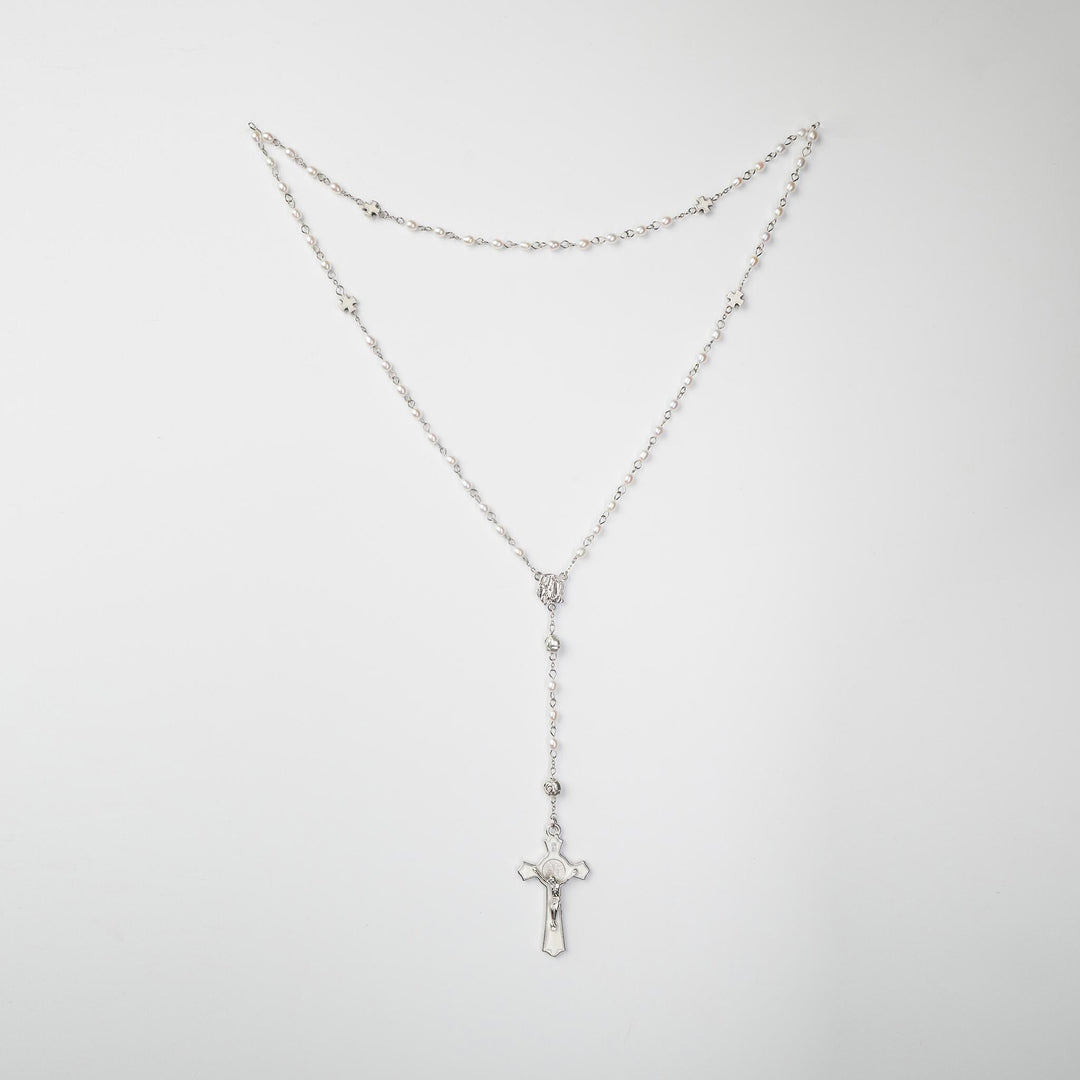 Pearl Rosary Necklace: Long Chain Freshwater Pearls Cross Jewelry, Christian Religious Gift For Women