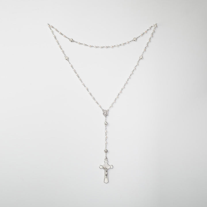 Pearl Rosary Necklace: Long Chain Freshwater Pearls Cross Jewelry, Christian Religious Gift For Women