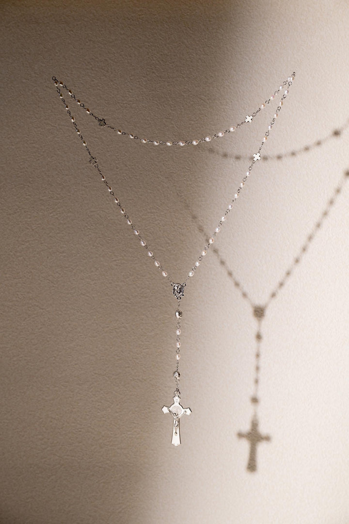 Pearl Rosary Necklace: Long Chain Freshwater Pearls Cross Jewelry, Christian Religious Gift For Women