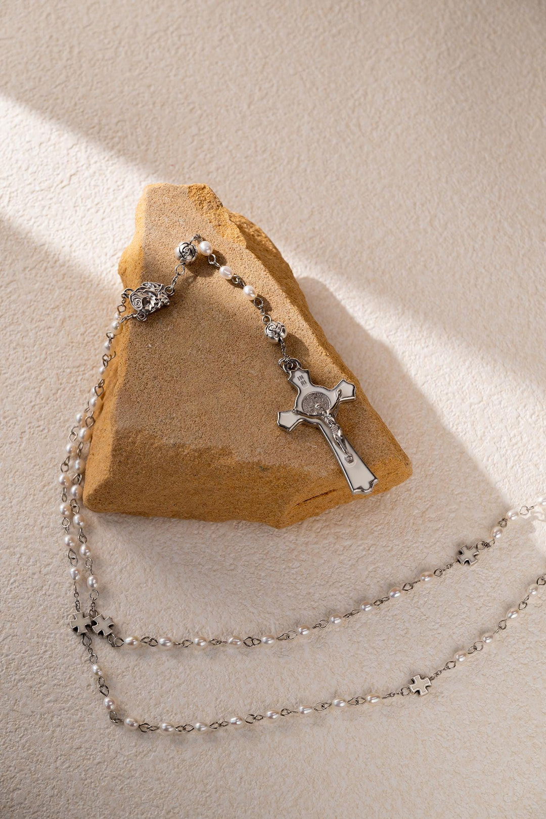 Pearl Rosary Necklace: Long Chain Freshwater Pearls Cross Jewelry, Christian Religious Gift For Women