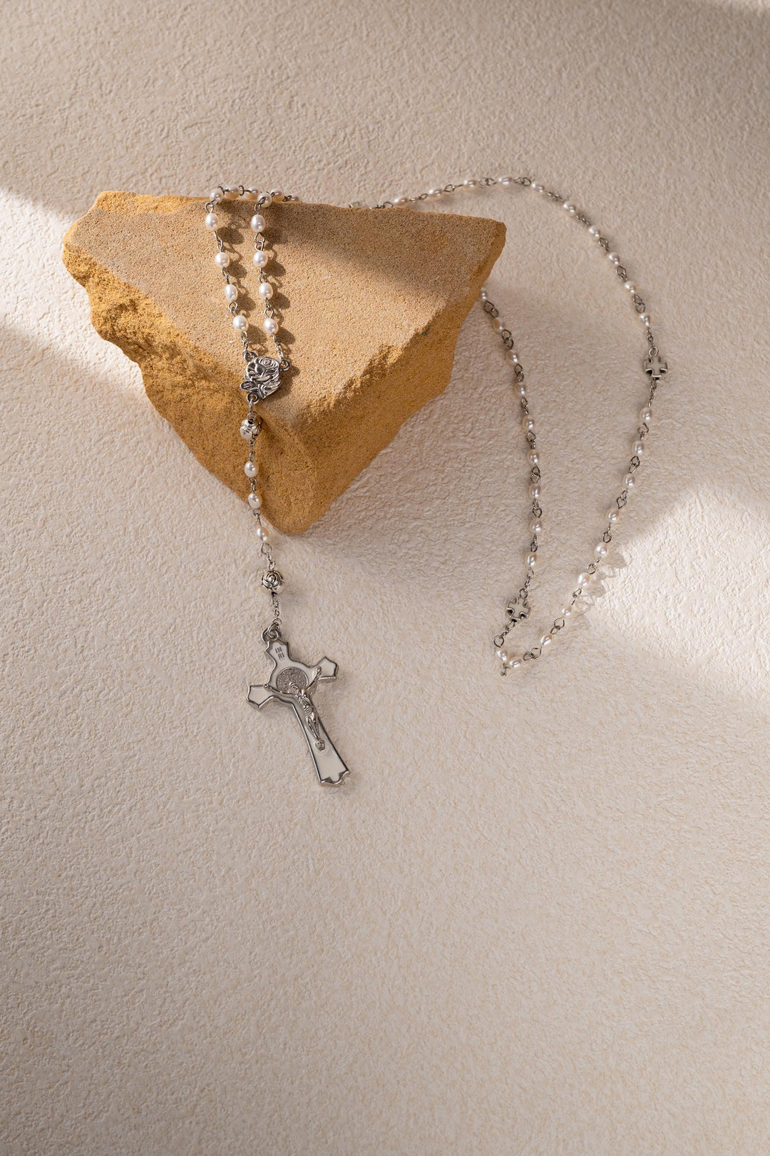 Pearl Rosary Necklace: Long Chain Freshwater Pearls Cross Jewelry, Christian Religious Gift For Women