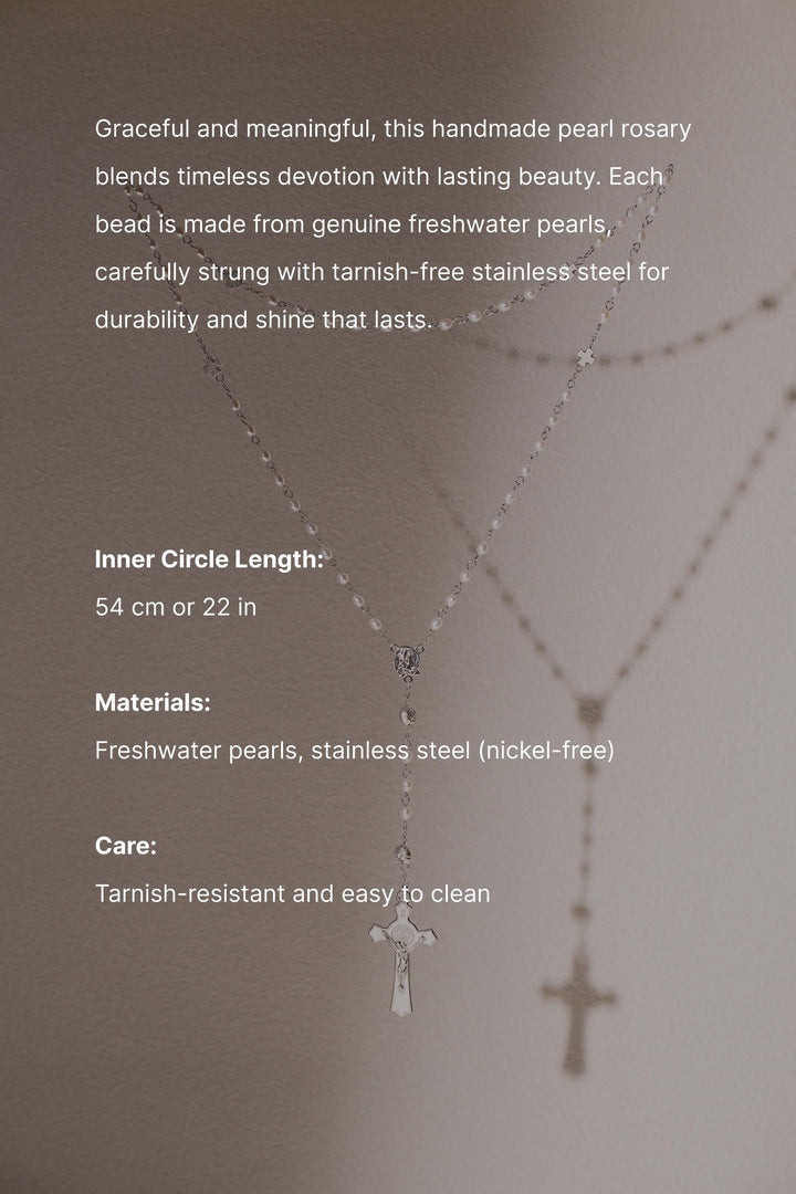 Pearl Rosary Necklace: Long Chain Freshwater Pearls Cross Jewelry, Christian Religious Gift For Women