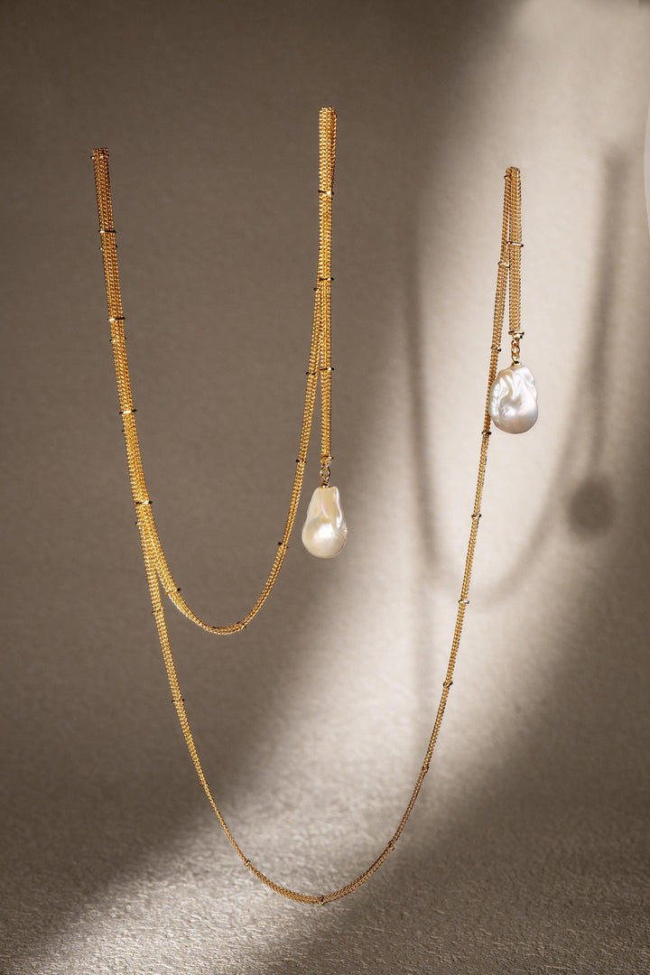 Baroque Pearl Long Chain Necklace: Handmade Gold Filled Charm Jewelry For Women,