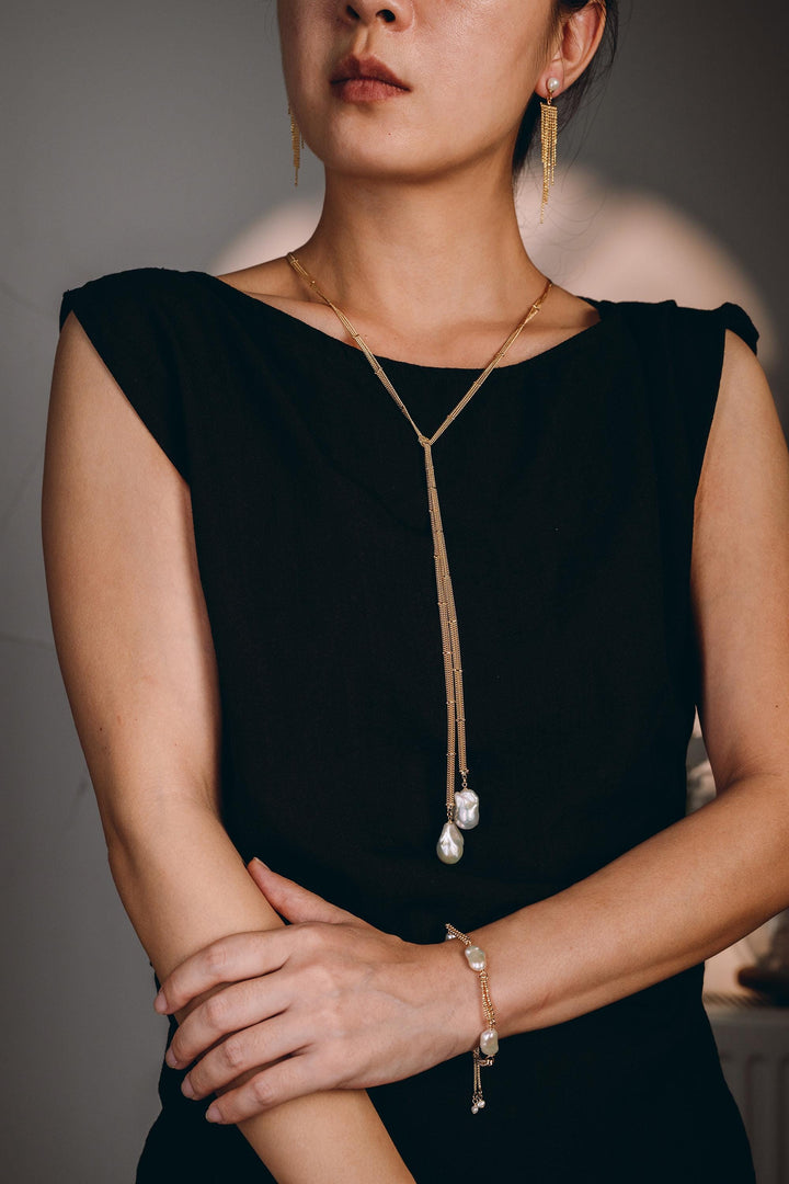 Baroque Pearl Long Chain Necklace: Handmade Gold Filled Charm Jewelry For Women,