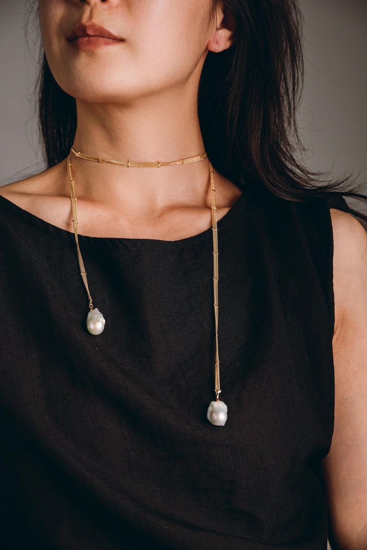 Baroque Pearl Long Chain Necklace: Handmade Gold Filled Charm Jewelry For Women,