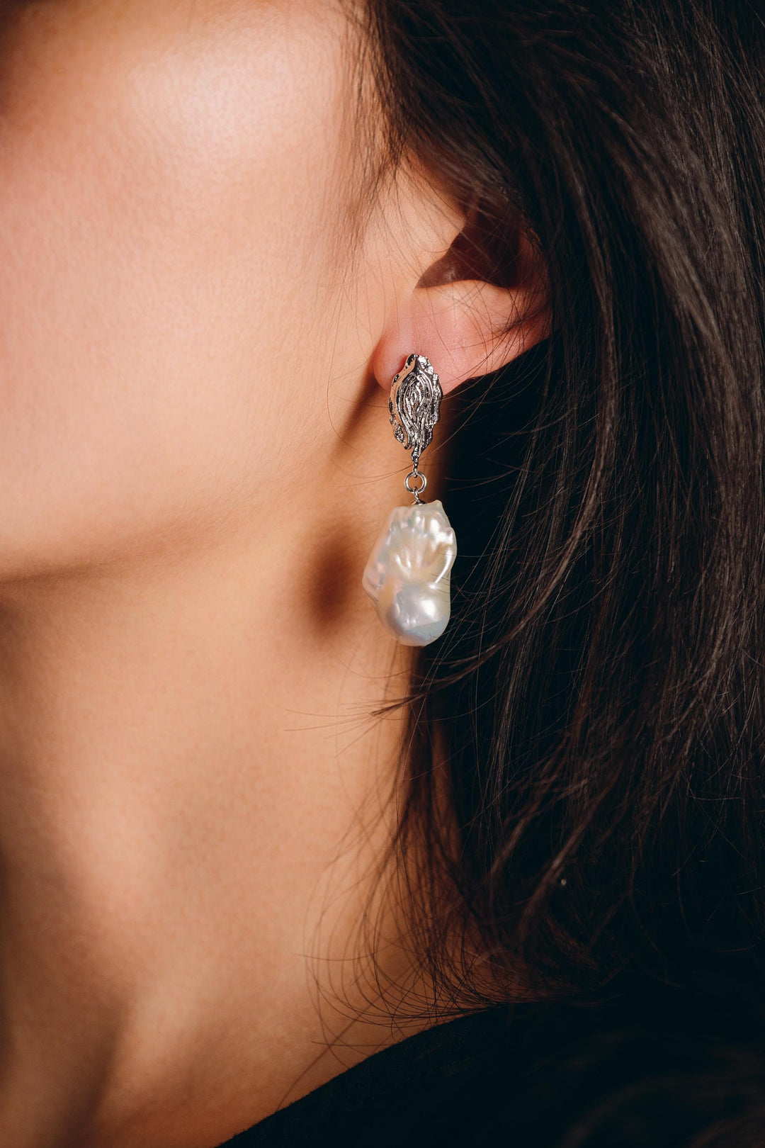 Large Drop Baroque Pear Earrings: 14k White Gold Handmade Jewelry, Unique Statement Gift for Her