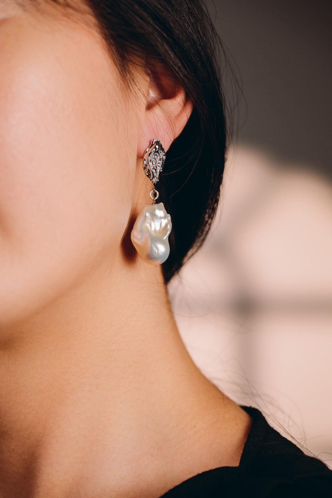 Large Drop Baroque Pear Earrings: 14k White Gold Handmade Jewelry, Unique Statement Gift for Her