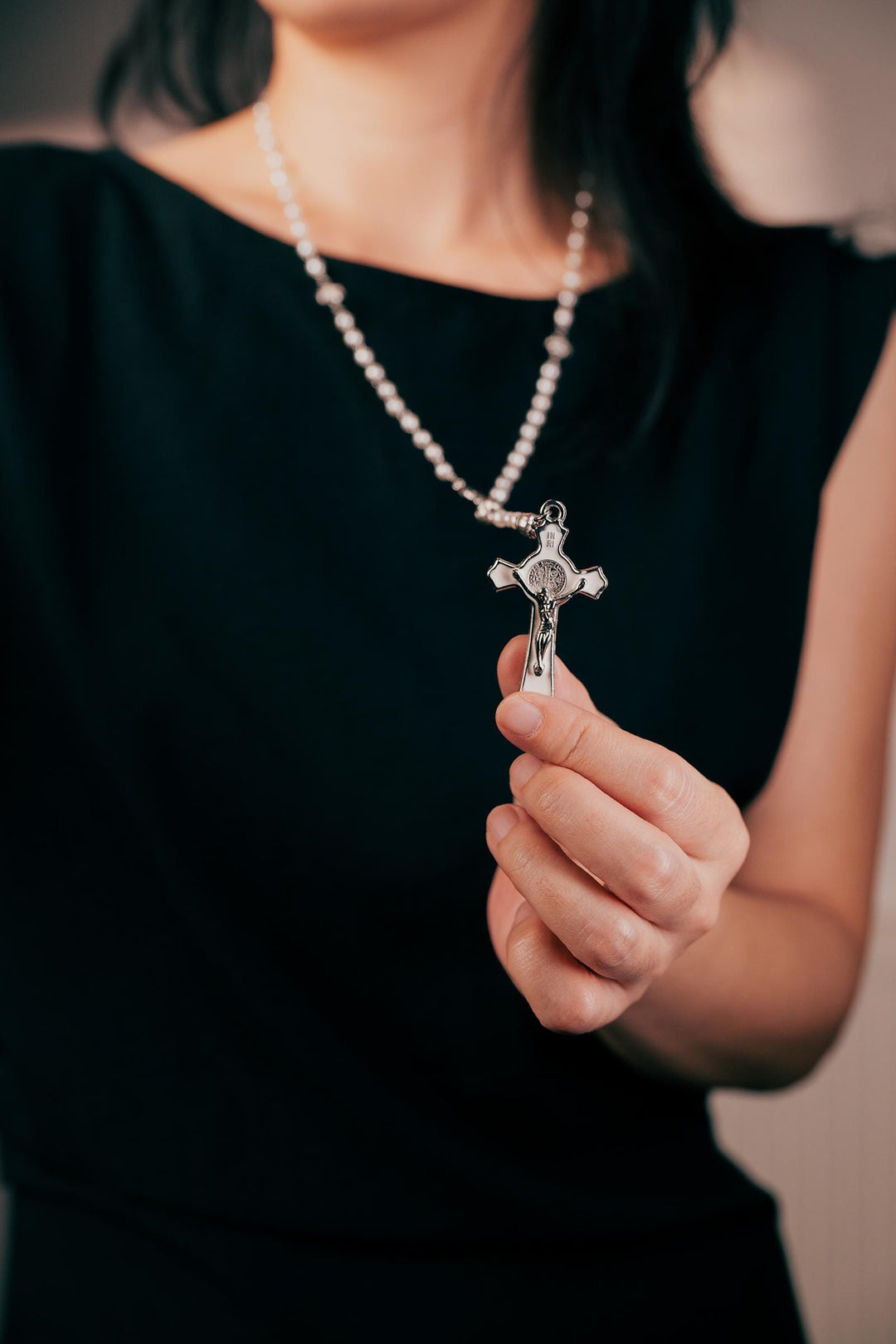 Pearl Rosary Necklace: Long Chain Freshwater Pearls Cross Jewelry, Christian Religious Gift For Women