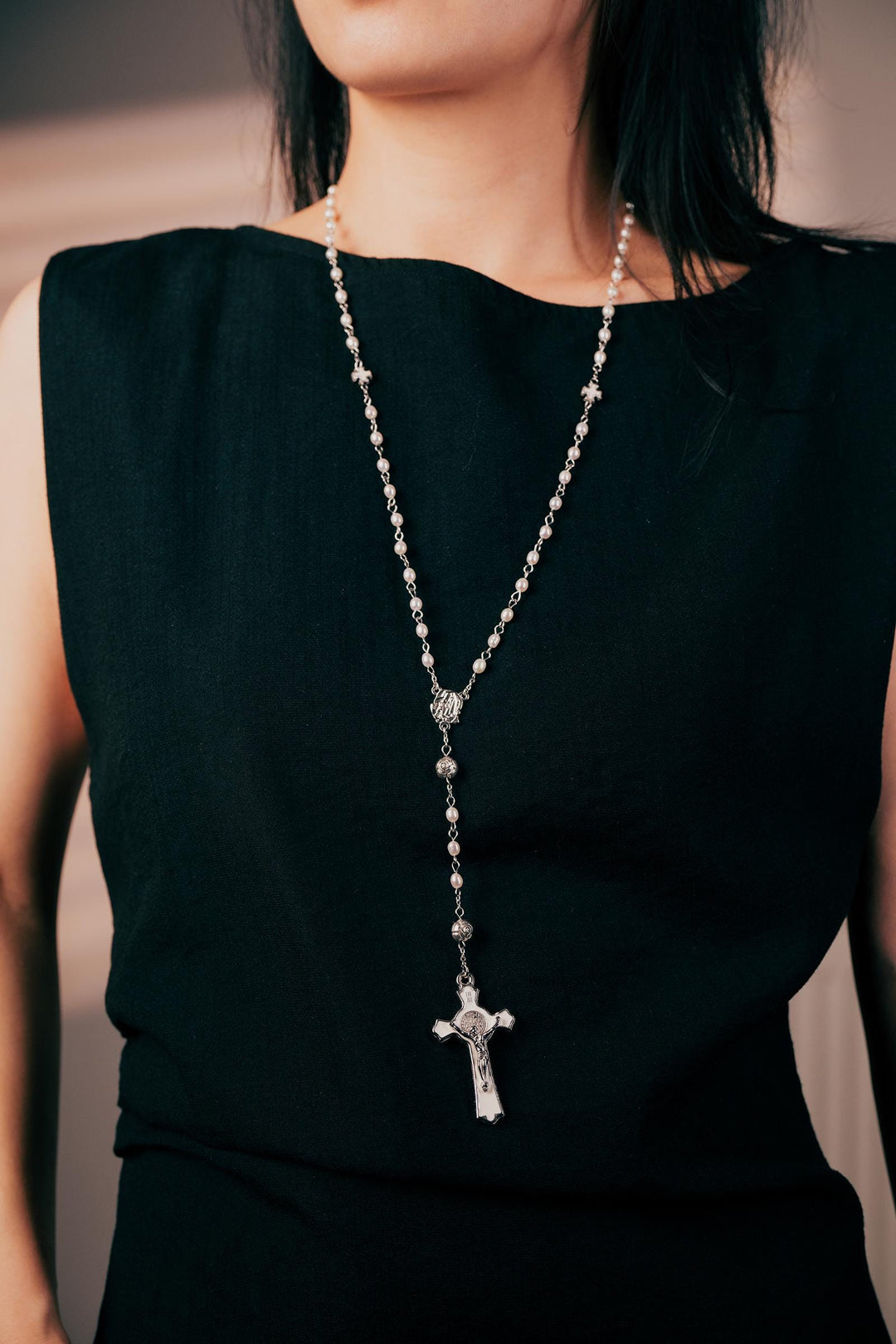 Pearl Rosary Necklace: Long Chain Freshwater Pearls Cross Jewelry, Christian Religious Gift For Women