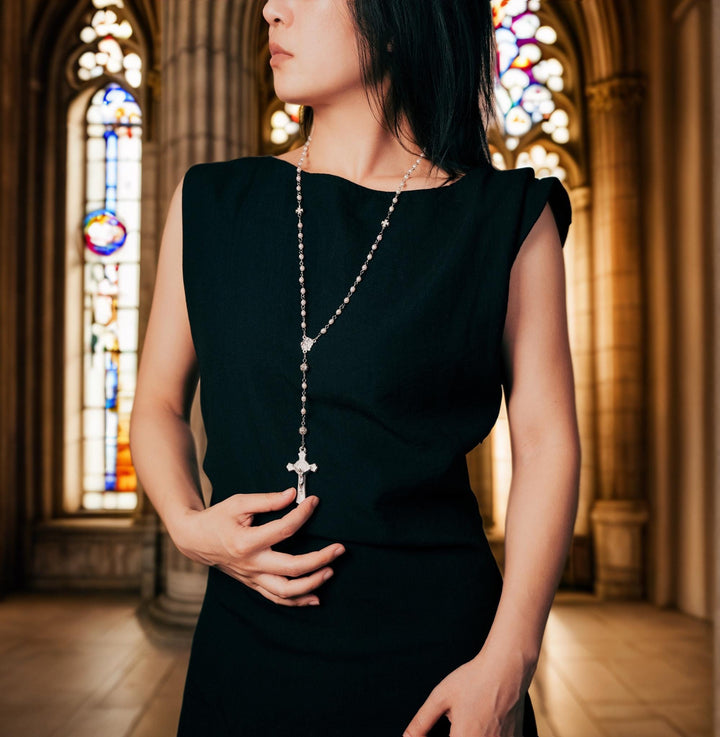 Pearl Rosary Necklace: Long Chain Freshwater Pearls Cross Jewelry, Christian Religious Gift For Women