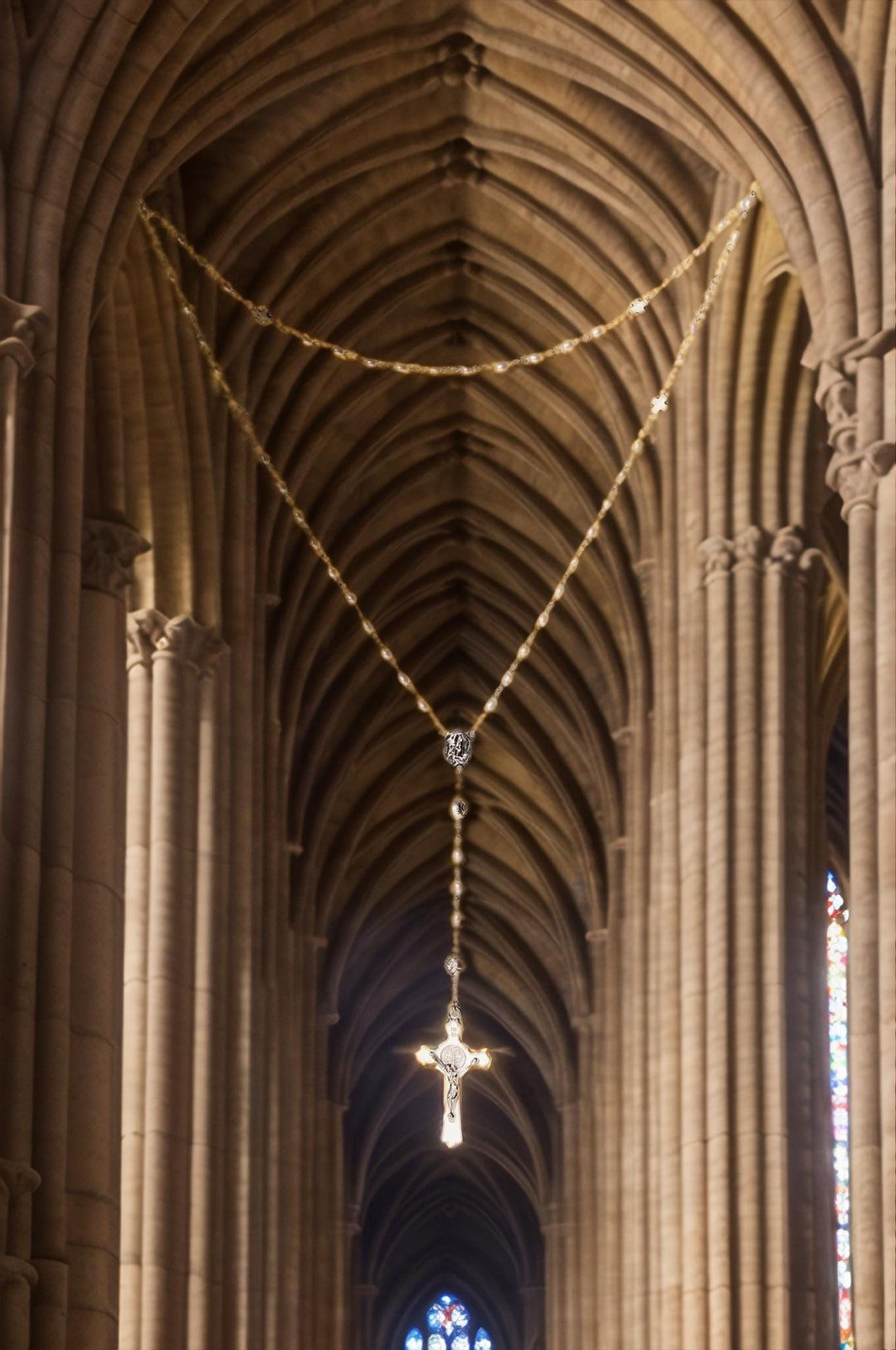 Pearl Rosary Necklace: Long Chain Freshwater Pearls Cross Jewelry, Christian Religious Gift For Women