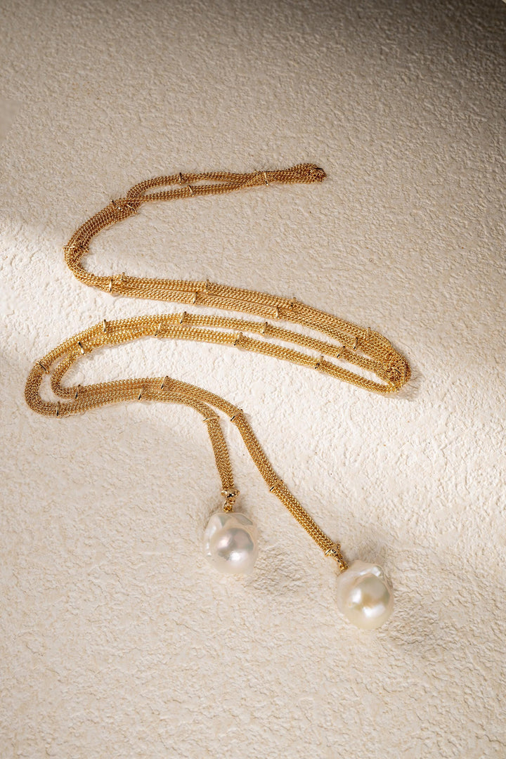 Baroque Pearl Long Chain Necklace: Handmade Gold Filled Charm Jewelry For Women,