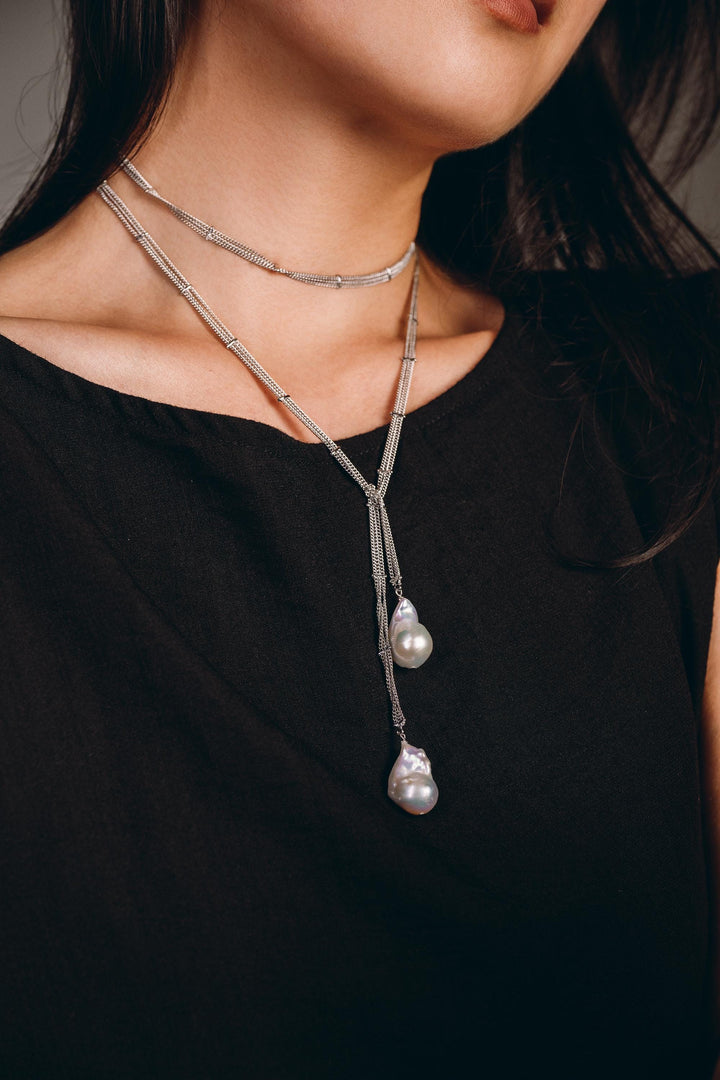 Baroque Pearl Necklace: 14k White Gold Long Chain Jewelry, Everyday Wear Gift for Her