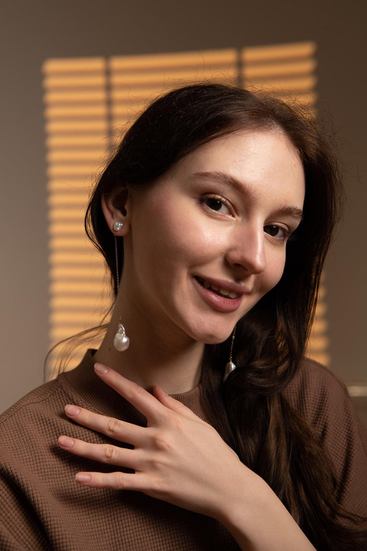 Baroque Pearl Drop Earrings: Long Drop Gold Chain Keshi Pearls Jewelry, Gift for Her