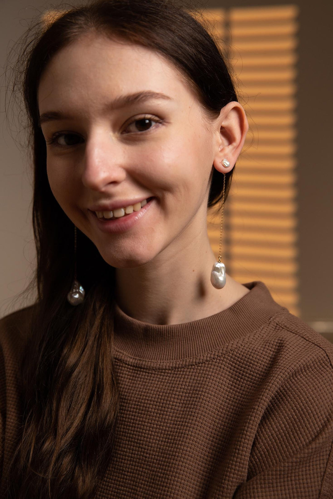 Baroque Pearl Drop Earrings: Long Drop Gold Chain Keshi Pearls Jewelry, Gift for Her