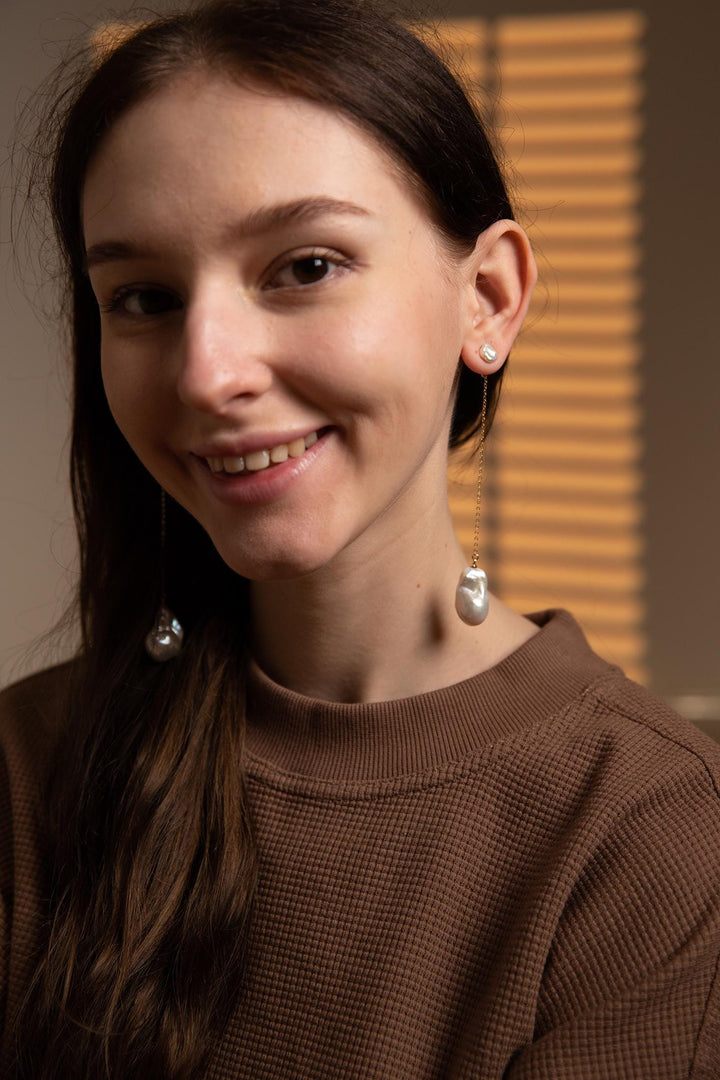 Baroque Pearl Drop Earrings: Long Drop Gold Chain Keshi Pearls Jewelry, Gift for Her