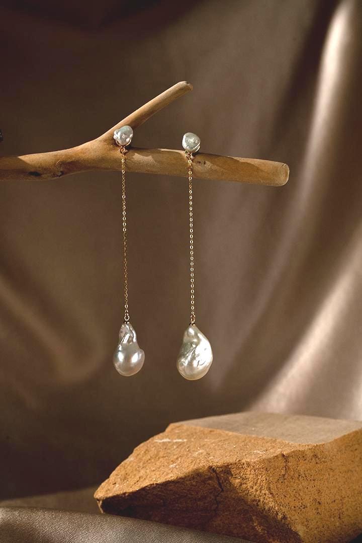 Baroque Pearl Drop Earrings: Long Drop Gold Chain Keshi Pearls Jewelry, Gift for Her