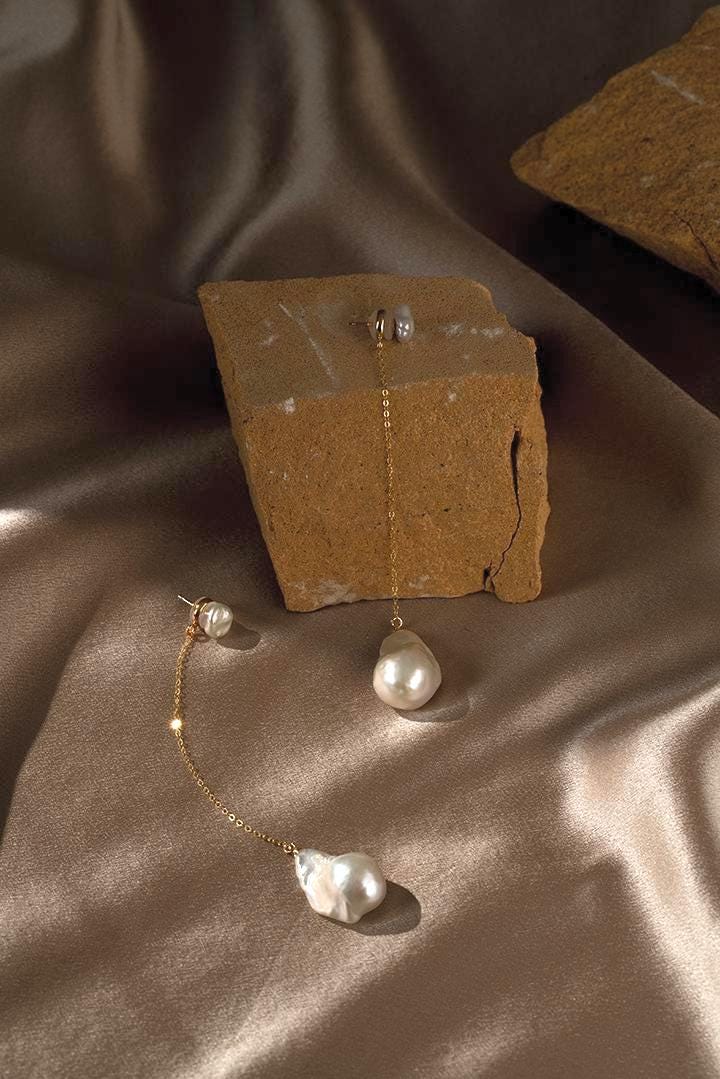 Baroque Pearl Drop Earrings: Long Drop Gold Chain Keshi Pearls Jewelry, Gift for Her