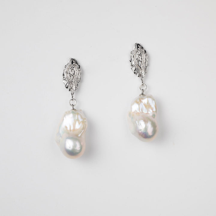 Large Drop Baroque Pear Earrings: 14k White Gold Handmade Jewelry, Unique Statement Gift for Her